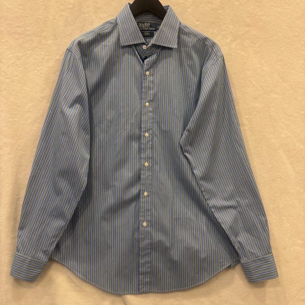 Ralph Lauren Polo Long Sleeve Blue Green White Stripe Mens Shirt Size 16 1/2